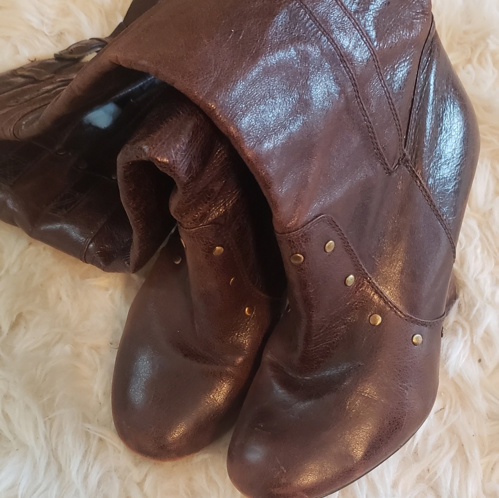 Knee High Boots Leather Shearling Victorian Brown Studded 8